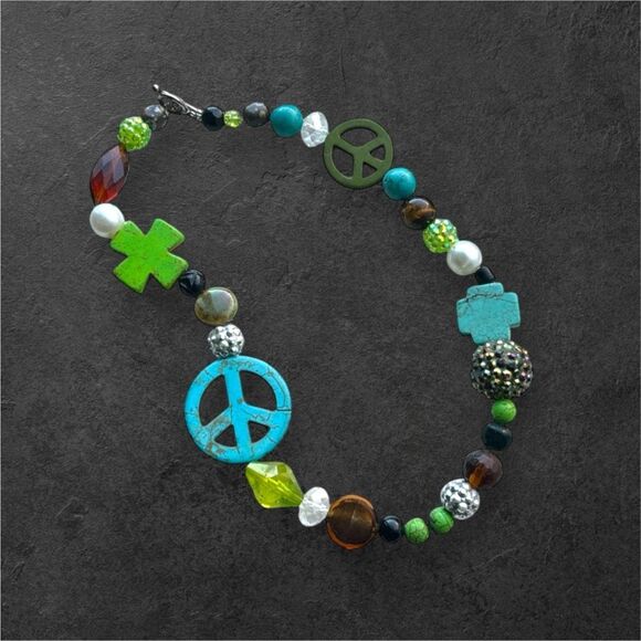 Y2K chunky beaded peace‎ sign hippie boho necklace festival boho hippie - Picture 5 of 5